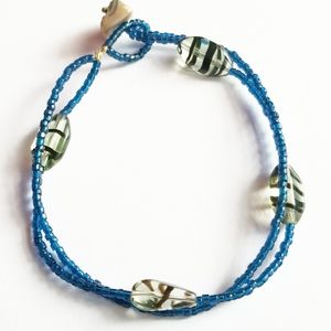 Blue glass beads bracelet pale green stripe shell